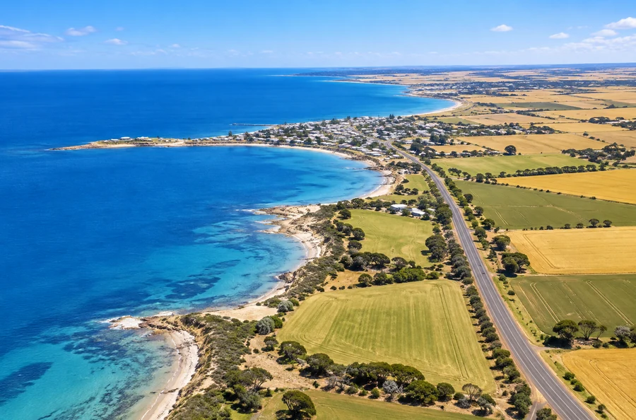 Aerial view of the eastern Yorke Peninsula coast near Stansbury
