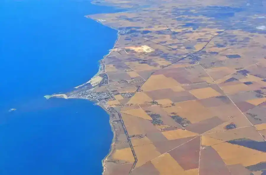 Yorke Peninsula coastline seen from above near coastal towns and bays