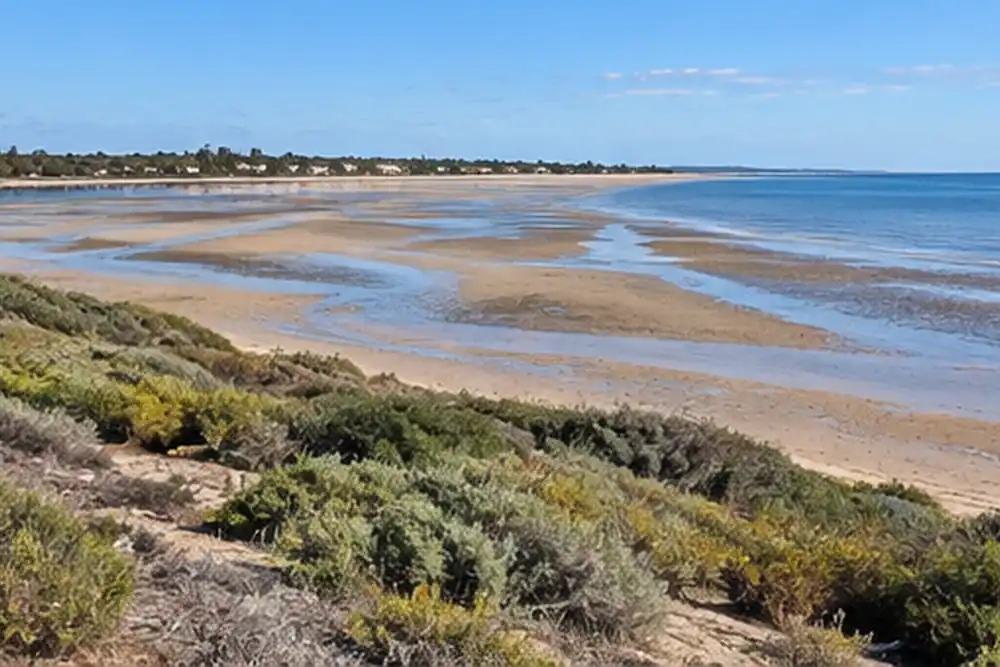 Broad tidal sand flats viewed from a low coastal lookout
