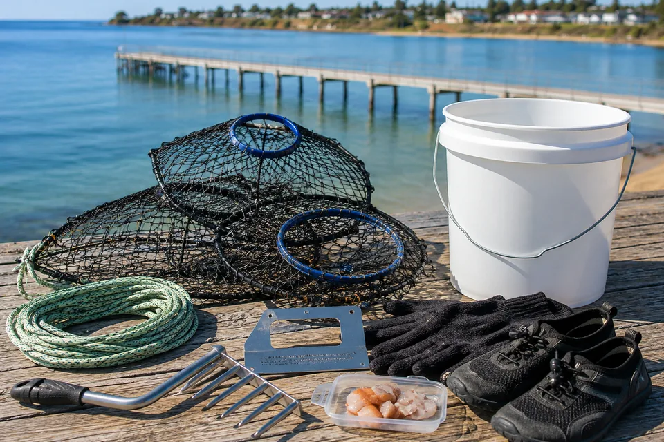 Crabbing gear for Stansbury including drop nets, crab rake, rope, gauge, bucket, gloves, footwear and fish-based bait