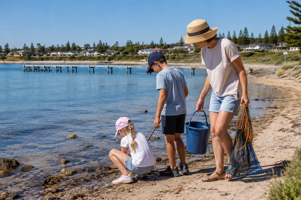 Family preparing for a shore-based crabbing session beside the calm Stansbury foreshore