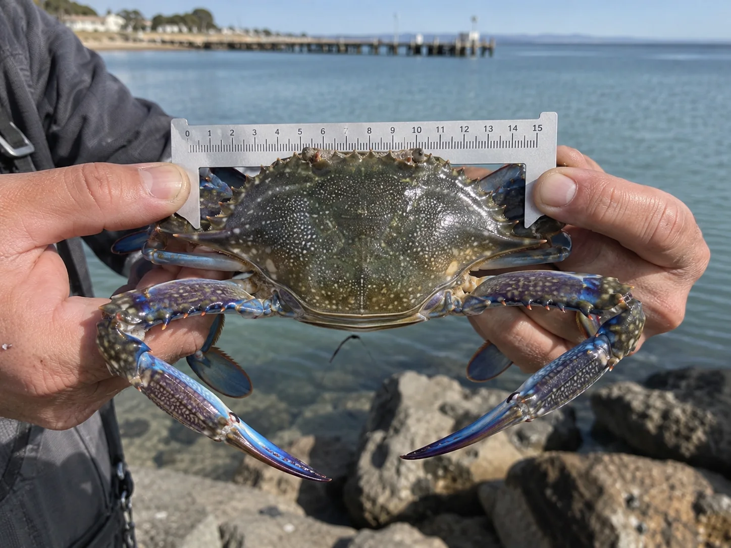 Blue Swimmer Crab being measured across the carapace near Stansbury