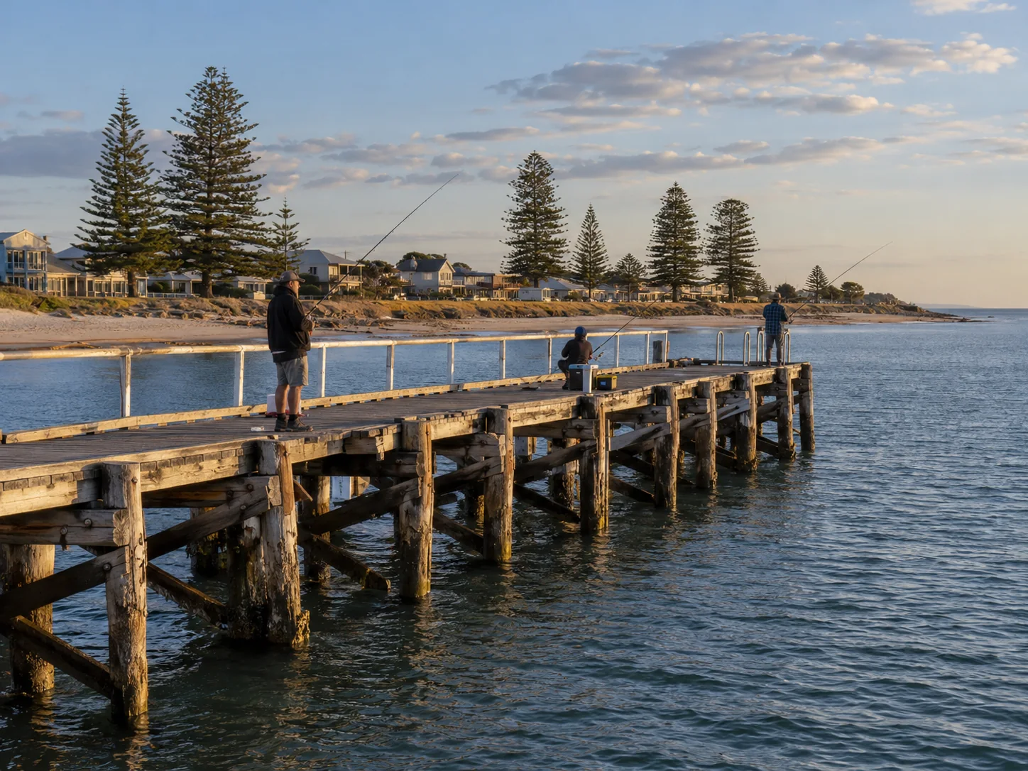 Recreational anglers fishing from Stansbury Jetty on Gulf St Vincent, Yorke Peninsula