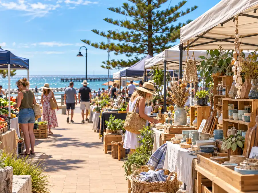 Craft and produce stalls at a sunny seaside market