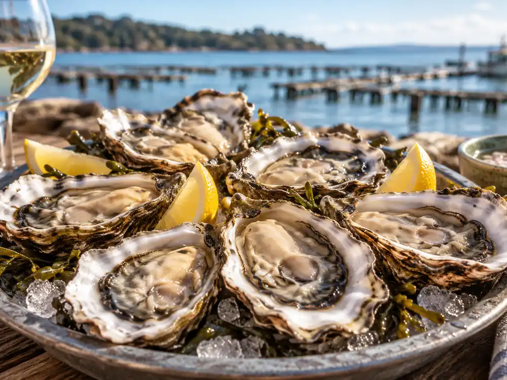 Fresh oysters on ice with lemon beside the water