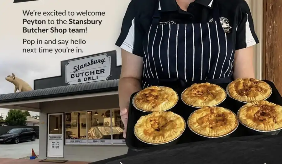 Stansbury Butcher and Deli display featuring locally made pies