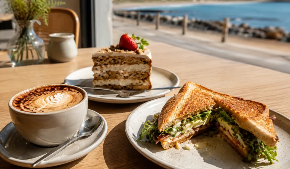 Coffee, toasted sandwich and cake beside the waterfront
