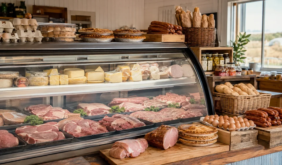 Country butcher and deli counter with meats, cheeses, pies and bread