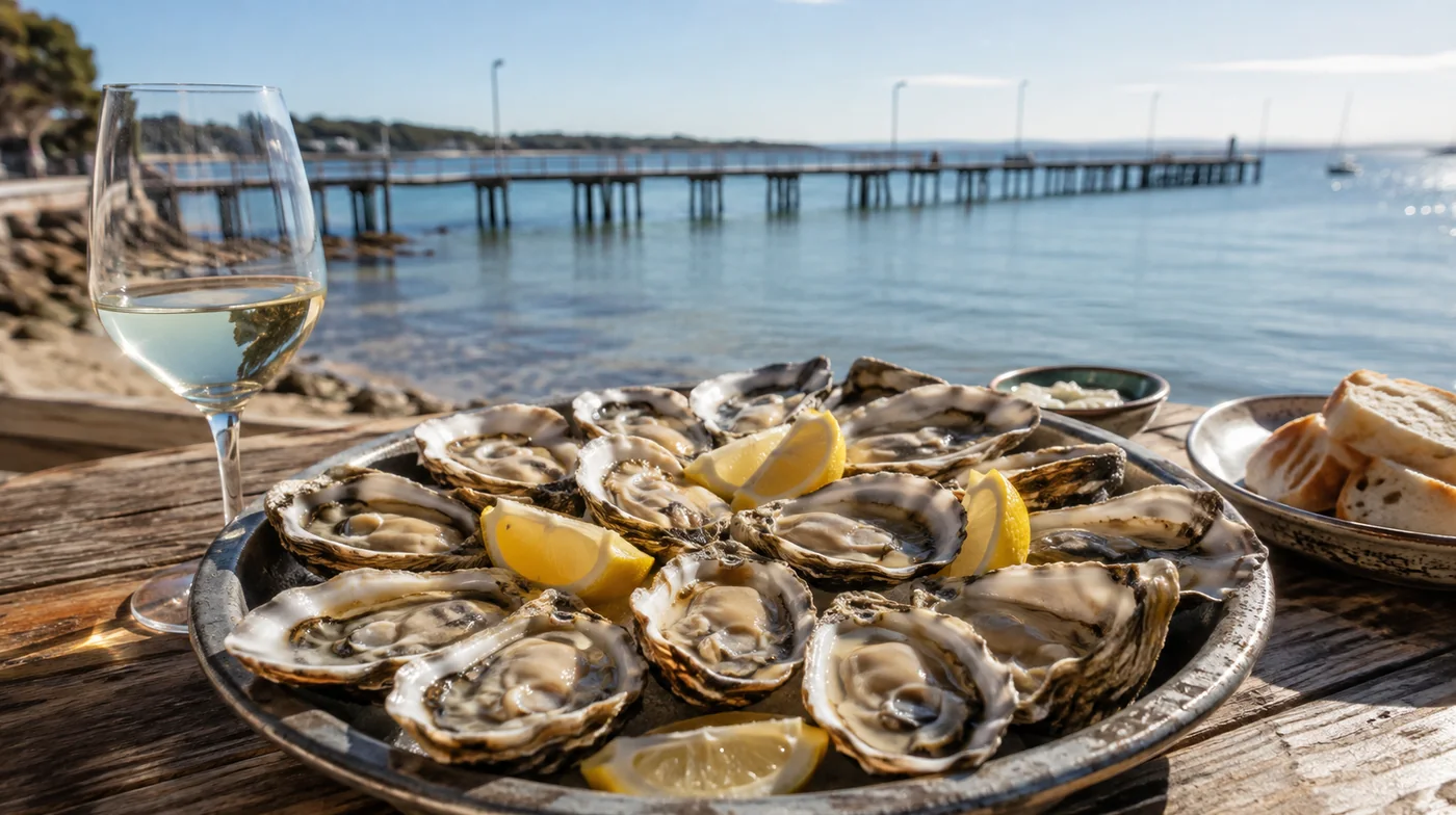 Fresh oysters beside a coastal jetty
