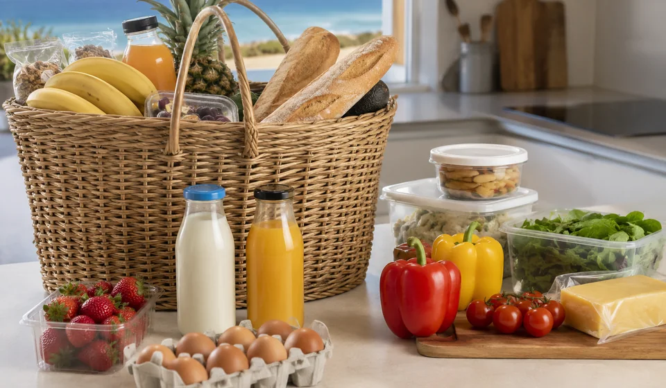 Groceries and picnic supplies arranged for a coastal self-catering stay