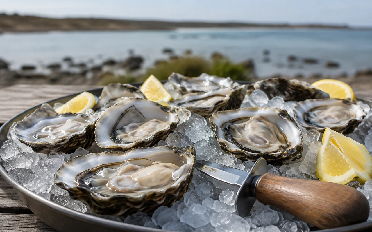 Fresh oysters on ice with lemon beside a calm coastal bay