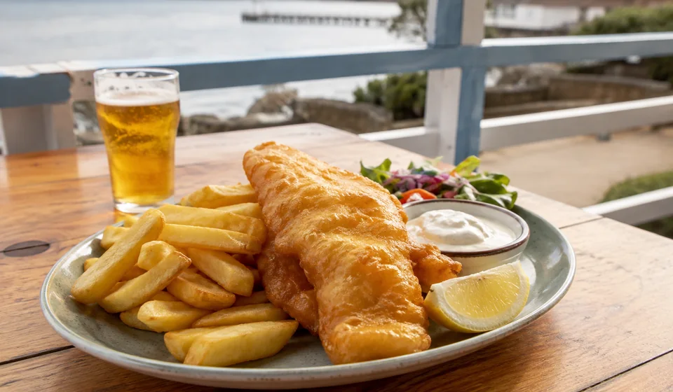 Coastal pub-style fish and chips served with salad and lemon