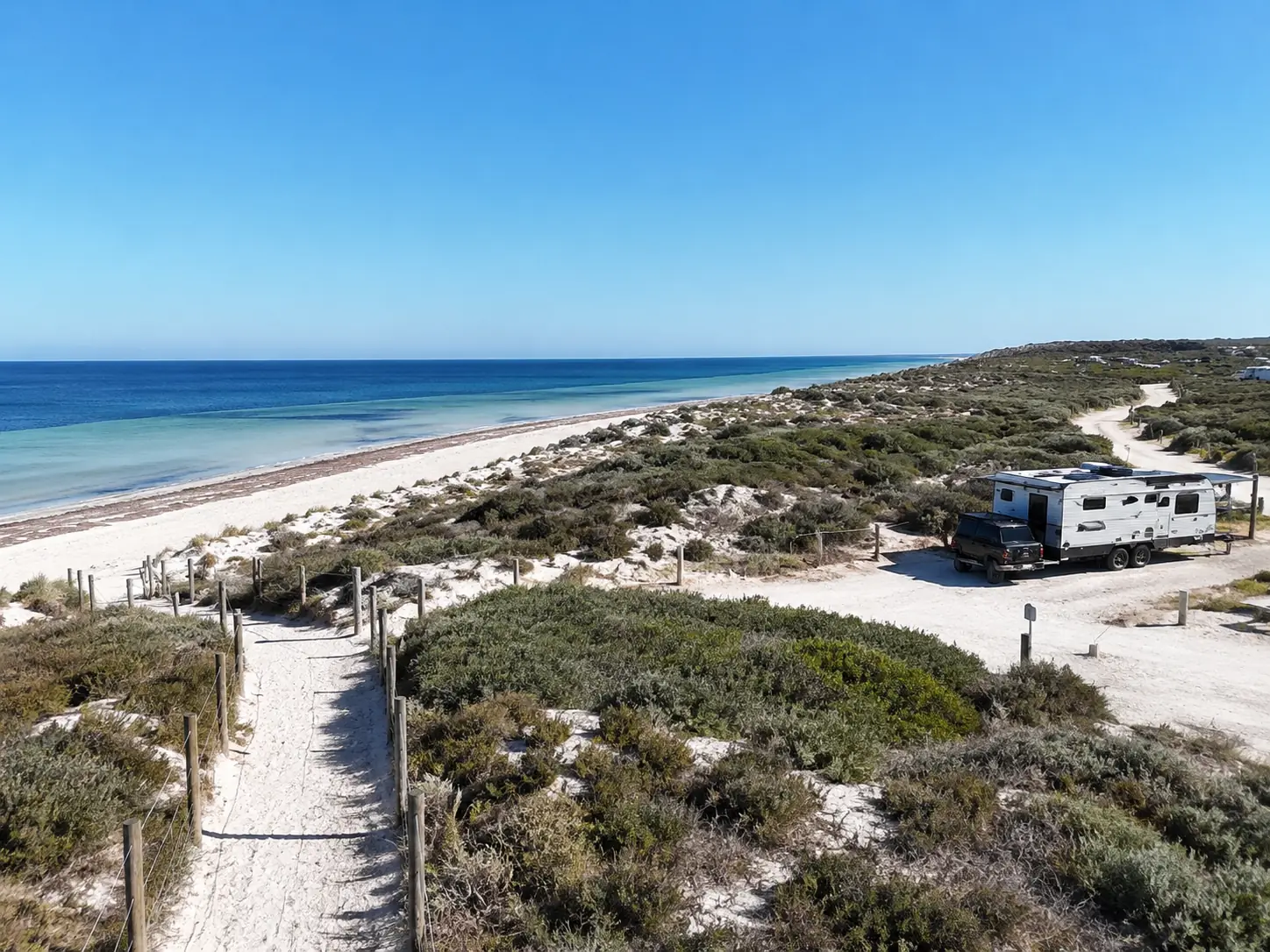 Beach access path and designated campground beside the coast on Yorke Peninsula