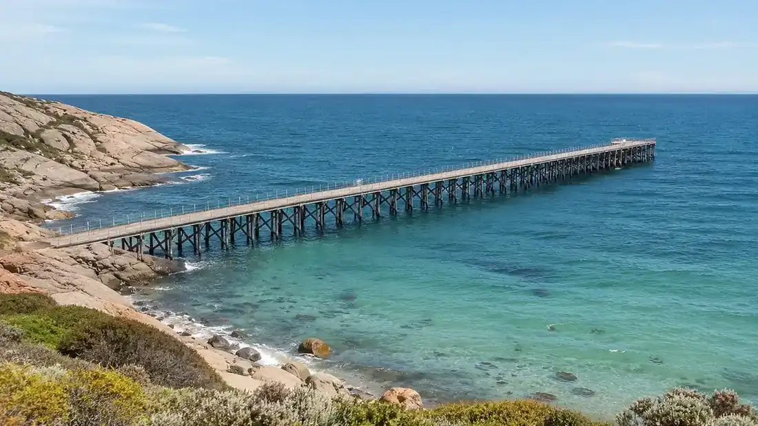 Stenhouse Bay Jetty and clear coastal water on southern Yorke Peninsula